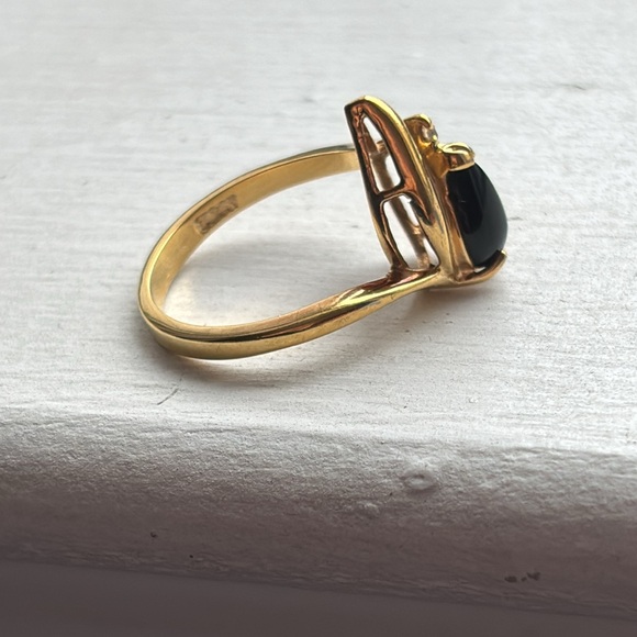 Vintage cocktail onyx black crystal gold ring size 6 - Picture 3 of 4